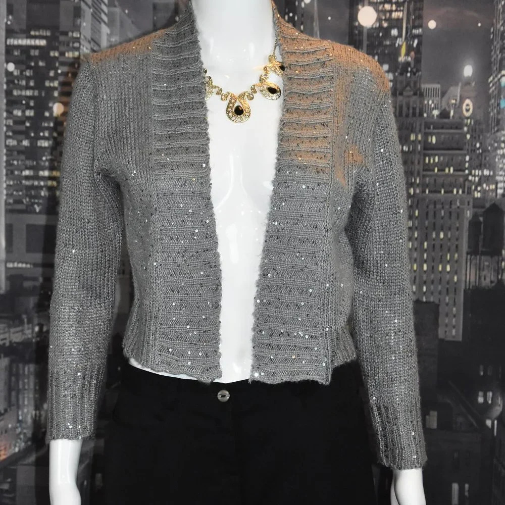 Poof Made With Love sz L Cropped Open Front Sequined Cotton Blend Bolero Sweater